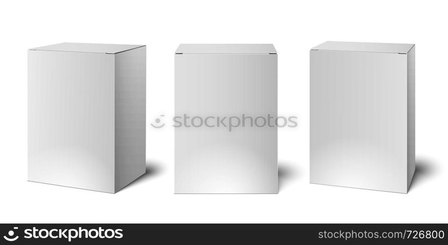 White blank cardboard package boxes mockup. Medicament 3d realistic square medicine box packaging vector illustration template isolated set on empty background. White blank cardboard package boxes mockup. Medicament 3d realistic box packaging vector illustration template