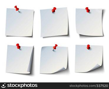White blank draw papers, notes on red thumbtack. Top view note sticker with pins vector set. White paper notes on red thumbtack. Top view note sticker with pins vector set