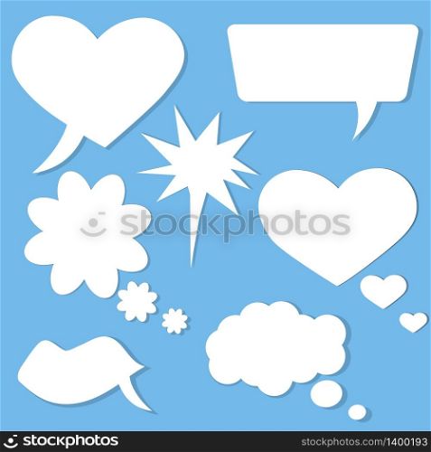 White blank empty speech bubbles, thinking balloon set od different shapes on blue background. Vector Illustration for your design. White blank speech bubbles, thinking balloon
