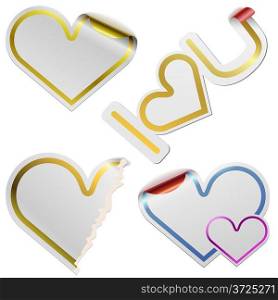 White blank heart shaped stickers with golden frames isolated on white background.