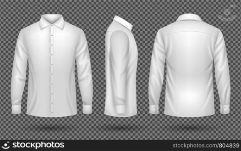 White blank male shirt with long sleeves in front, side, back views. Realistic vector template isolated. Shirt blank man, cotton clothing view. Vector illustration. White blank male shirt with long sleeves in front, side, back views. Realistic vector template isolated