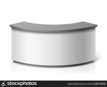 White blank modern reception. Round information desk or exhibition counter vector illustration. Counter for reception and helping service stand. White blank modern reception. Round information desk or exhibition counter vector illustration