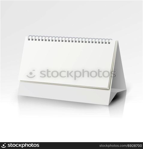 White Blank Paper Desk Spiral Calendar. Spiral Calendar Vector Template. Vertical Table Calendar With Blank Pages And Black Spiral With Soft Shadows Isolated On white background.. White Blank Paper Desk Spiral Calendar. Spiral Calendar Vector Template. Vertical Table Calendar