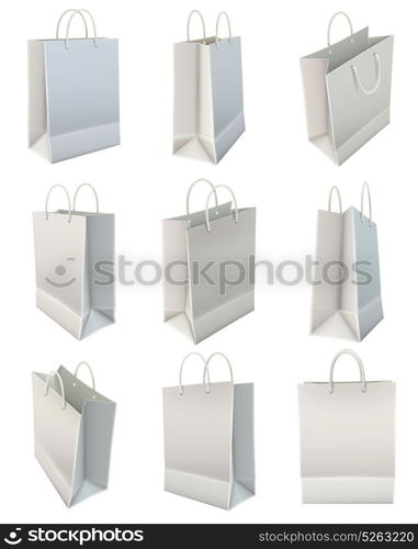 White Blank Paper Shopping Bag Set. Blank white shopping bag view positions realistic images icons set commercial corporate identity template isolated vector illustration