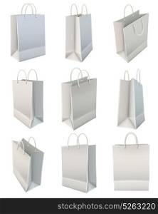White Blank Paper Shopping Bag Set. Blank white shopping bag view positions realistic images icons set commercial corporate identity template isolated vector illustration
