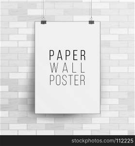 White Blank Paper Wall Poster Mock up Template Vector. 3D Realistic Illustration With Shadow. Brick Wall.. White Blank Paper Wall Poster Mock up Template Vector Illustration