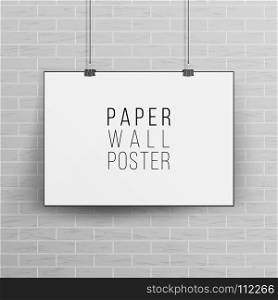 White Blank Paper Wall Poster Mock up Template Vector. 3D Realistic Illustration With Shadow. Brick Wall.. White Blank Paper Wall Poster Mock up Template Vector Illustration