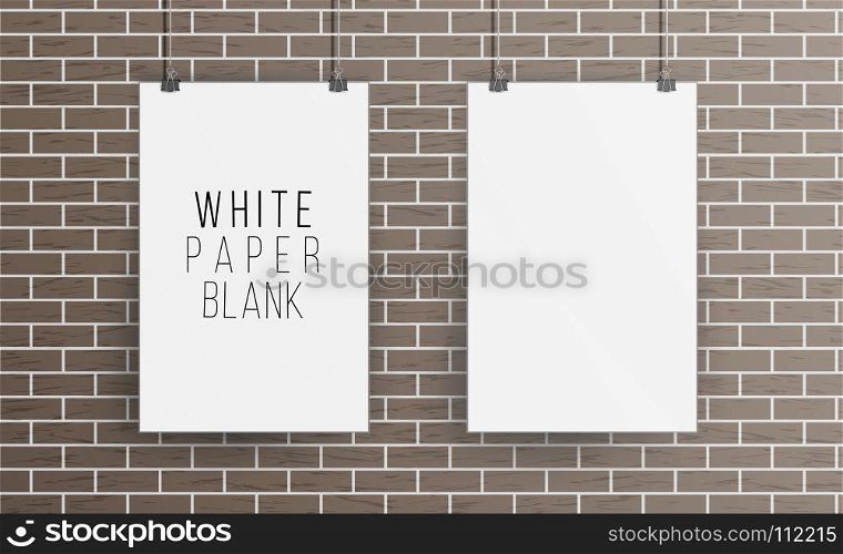 White Blank Paper Wall Poster Mock up Template Vector. Realistic Illustration. Picture Frame On Brick Wall. Front View. White Blank Paper Wall Poster Mock up Template Vector Illustration