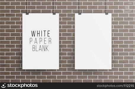 White Blank Paper Wall Poster Mock up Template Vector. Realistic Illustration. Picture Frame On Brick Wall. Front View. White Blank Paper Wall Poster Mock up Template Vector Illustration