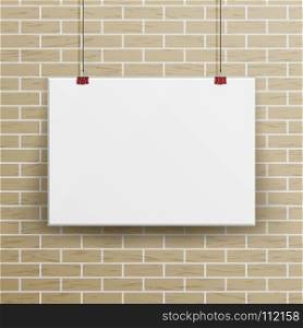 White Blank Paper Wall Poster Mock up Template Vector. Realistic Illustration. Brick Wall.. White Blank Paper Wall Poster Mock up Template Vector Illustration
