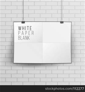 White Blank Paper Wall Poster Mock up Template Vector. Realistic Illustration. Brick Wall.. White Blank Paper Wall Poster Mock up Template Vector Illustration