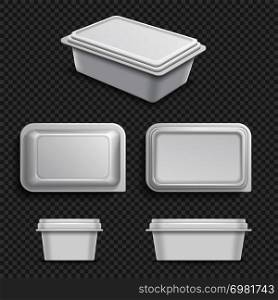 White blank plastic food container for margarine spread or butter. Realistic 3d vector illustration container plastic for food and lunch. White blank plastic food container for margarine spread or butter. Realistic 3d vector illustration