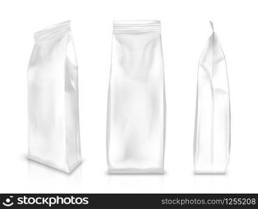 White blank plastic or foil pack realistic vector. Bag or pouch for snacks, sweets and coffee, front and side view, illustrations isolated on white background, mock up for packaging design. White blank plastic or foil pack realistic vector