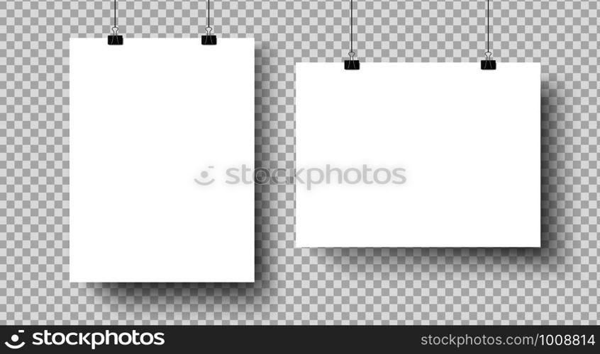 White blank posters hanging on binders. A4 paper page, sheet canvas on wall for exhibition poster template. Vector photo exhibit realistic isolated icons mockup set. White blank posters hanging on binders. A4 paper page, sheet on wall. Vector mockup