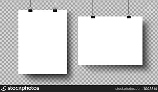 White blank posters hanging on binders. A4 paper page, sheet canvas on wall for exhibition poster template. Vector photo exhibit realistic isolated icons mockup set. White blank posters hanging on binders. A4 paper page, sheet on wall. Vector mockup