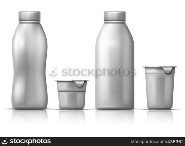 White blank round plastic yogurt can, container and bottles. Vector packaging mockup for dairy milk products. Illustration of plastic yogurt container, product milk package. White blank round plastic yogurt can, container and bottles. Vector packaging mockup for dairy milk products