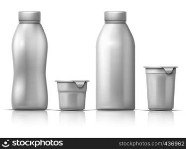 White blank round plastic yogurt can, container and bottles. Vector packaging mockup for dairy milk products. Illustration of plastic yogurt container, product milk package. White blank round plastic yogurt can, container and bottles. Vector packaging mockup for dairy milk products