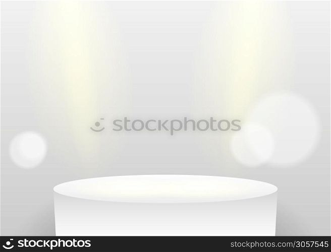 White blank studio stage with spotlight mockup, white billboard border illuminated lights vector background illustration