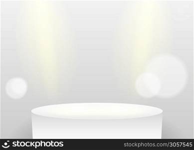 White blank studio stage with spotlight mockup, white billboard border illuminated lights vector background illustration