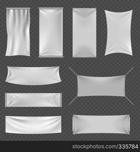 White blank textile advertising banners with folds isolated on transparent background. Vector illustration. White blank textile advertising banners with folds isolated on transparent background