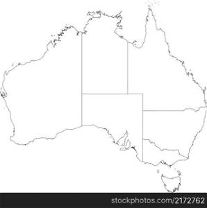 White blank vector administrative map of AUSTRALIA with black border lines of its states and territories