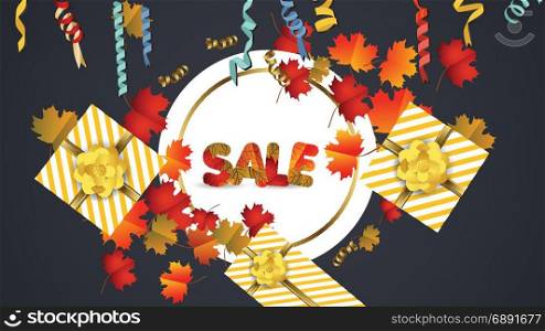 White blank with autumn maple leaves on background for design banner, ticket, leaflet, card, poster
