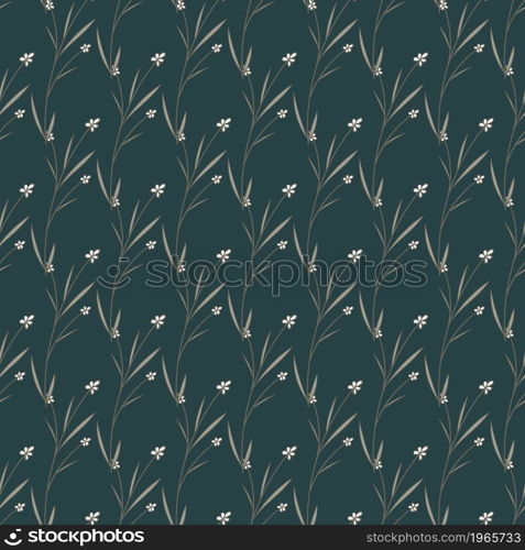 White blooming Flowers with leaves on dark blue background. Line art realistic isolated seamless floral pattern. Hand drawn botanical print. Vector