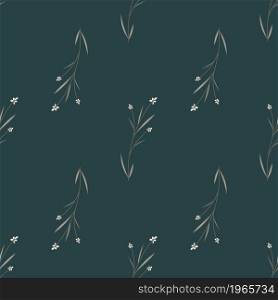 White blooming Flowers with leaves on dark blue background. Line art realistic isolated seamless floral pattern. Hand drawn botanical print. Vector