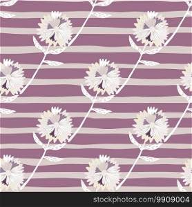 White blow-ball flower silhouettes seamless pattern. Purple stripped background. Great backdrop for wallpaper, textile, wrapping paper, fabric print. Vector illustration.. White blow-ball flower silhouettes seamless pattern. Purple stripped background.