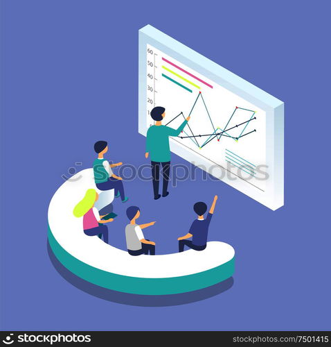 White board chart information about process. Increasing infographics data, presenter showing results and changes on screen. Workers listening vector. White Board with Chart Info Vector Illustration