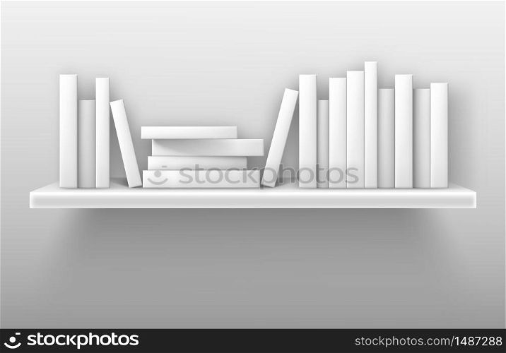 White bookshelf mockup, books on shelf in library, home, school or office interior. Volumes with blank paperback stand in row and lying in pile on rack hanging on wall, realistic 3d vector mock up. White bookshelf mockup, books on shelf in library