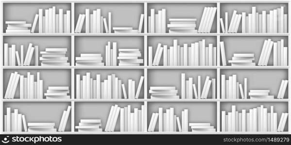 White bookshelf mockup, books on shelf in library, home, school or office interior. Volumes with blank paperback stand in row and lying in pile on rack standing on floor, realistic 3d vector mock up. White bookshelf mockup, books on shelf in library