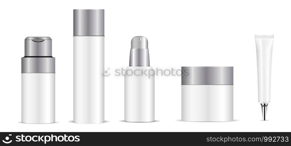White bottle mockup template for hair care or skin care products. Vector illustration set.. White bottle mockup template for hair care