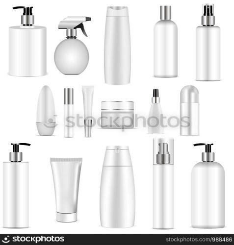 White bottle set. Realistic 3d mock-up of cosmetic package. Vector illustration blank templates of empty and clean white plastic containers: bottles with spray, dispenser and dropper, cream jar, shampoo, lotion, soap, tube.. White bottle set. Realistic 3d mockup cosmetic