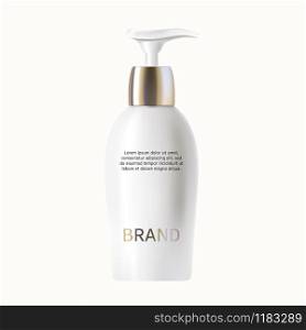 White bottle with silver pump for cosmetic products realistic vector illustration. Packaging design for cream, face wash, body lotion, liquid soap or shampoo isolated on white background. White bottle with silver pump