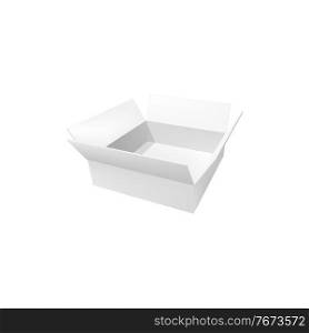 White box 3d vector mockup. Open carton paper blank pack, isolated cardboard package angle view. Delivery parcel realistic template, packaging container with flap lids. White box 3d vector parcel mockup with flap lids