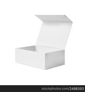 White box blank. Open cardboard box blank mockup, square template. Realistic paper pack, side view. Cosmetic promotion rectangle cover for corporate presentation, vector illustration. White box blank. Open cardboard box blank mockup