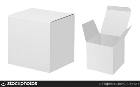White box mockup. 3d rectangle carton package set. Square cardboard vector container design. Open paper qube pack mock up for cosmetic product. Retail open and closed paper pack for gift. White box mockup. 3d rectangle carton package set