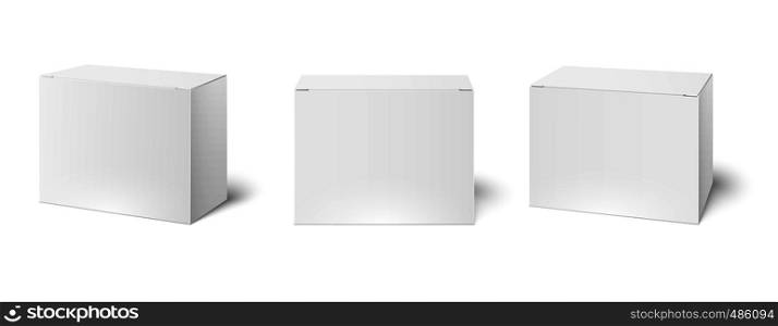 White box mockup. Blank packaging boxes, cube perspective view and cosmetics product package mockups. Cardboard or plastic box or medicine package. Realistic 3d vector illustration isolated icons set. White box mockup. Blank packaging boxes, cube perspective view and cosmetics product package mockups 3d vector illustration set