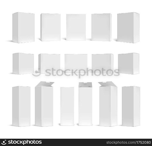 White boxes mockup. Blank product package 3d in various size templates. cardboard packs for cosmetic, medicines vector templates. Illustration carton shape box, cardboard 3d packaging. White boxes mockup. Blank product package 3d in various size templates. cardboard packs for cosmetic, medicines vector templates