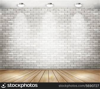 White brick room with spotlights. Vector.