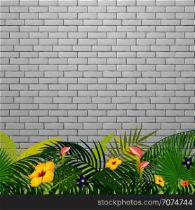 White brick wall background with tropical leaves and flowers. Vector illustration. White brick wall background with tropical leaves and flowers