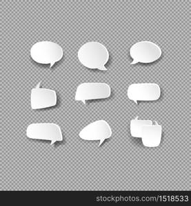 White bubble speech icon set. Various empty shapes with shadow. Chat, communicate or comment symbol. Vector on isolated background. Eps 10. White bubble speech icon set. Various empty shapes with shadow. Chat, communicate or comment symbol. Vector on isolated background. Eps 10.