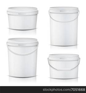 White Bucket Set Container Mock Up Vector. Product Packaging For Adhesives, Sealants, Primers, Putty. With Lid And Handle. Realistic Illustration. 3D Bucket Set Vector. Realistic. Mock Up Plastic Container. Illustration
