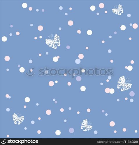 White butterfly and pink ink drops on the blue background vector seamless pattern
