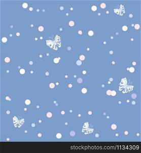 White butterfly and pink ink drops on the blue background vector seamless pattern