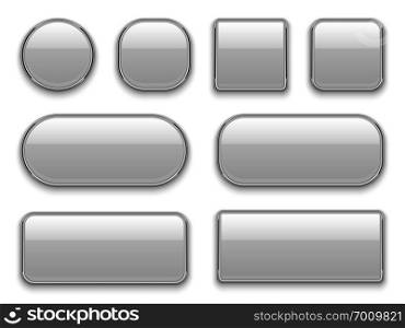White buttons chrome frame. 3d realistic web glass elements oval rectangle square circle chrome white button, interface vector set. White buttons chrome frame. 3d realistic web glass elements oval rectangle square circle chrome white button interface