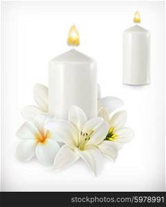 White candle and white flowers, vector icon