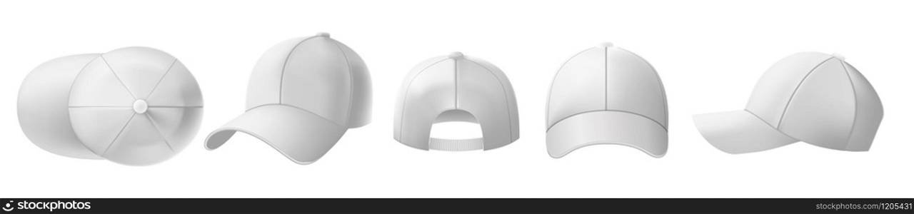 White cap mockup. Sports visor hat template, baseball cap front and back view realistic 3D vector illustration set. Bundle of modern fashion accessory, trendy headgear, casual headdress with bill.. White cap mockup. Sports visor hat template, baseball cap front and back view realistic 3D vector illustration set