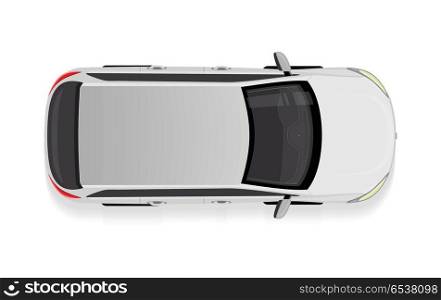 White Car from Top View Vector Illustration.. White car from top view vector illustration. Flat design auto. Illustration for transport concepts, car infographic, icons or web design. Delivery automobile. Isolated on white background. Sedan